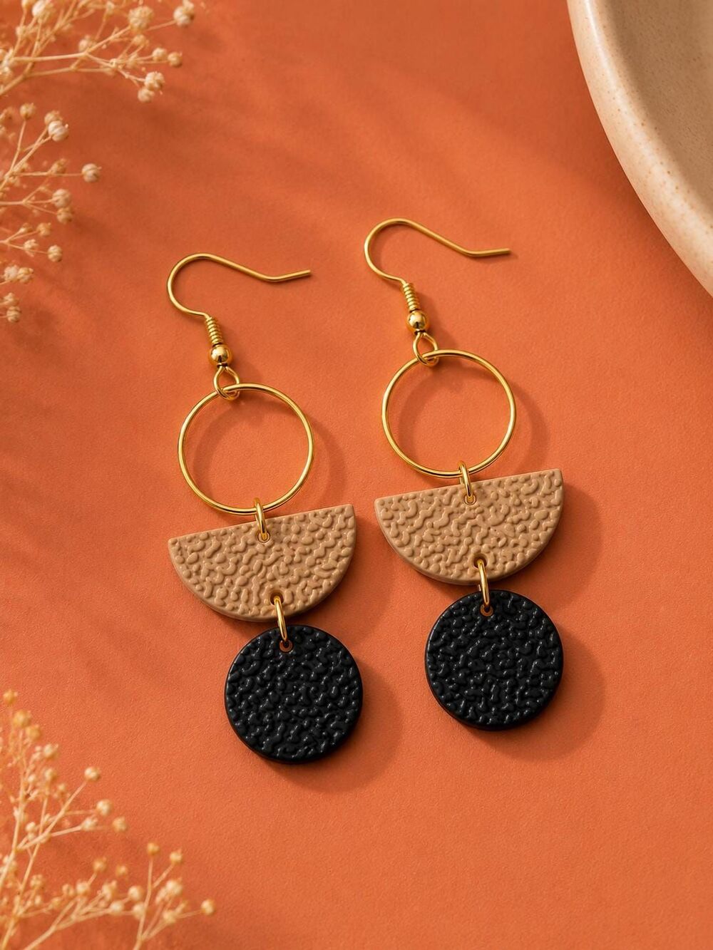Black Beige Geometric Clay Earrings | Modern Statement Dangles | Gold Hook